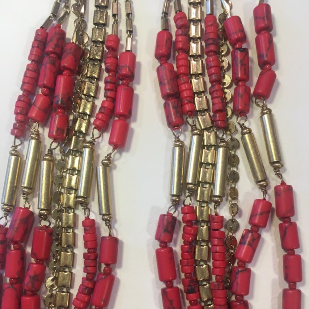 Striking Red and Gold-toned (Brass) Multi-strand Necklace